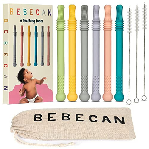 BEBECAN Teething Sticks for Babies 0-36 Months - Super Soft Silicone Teethers in 6 Vibrant Colors, Infant Teething Relief, Multicolored Teething Tubes Baby Gift Teethers - 7
