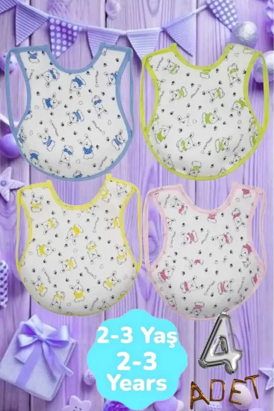 Bebek % 100 Cotton Arkası Muşambalı Su Geçirmez Renkli Mama Önlüğü 4'lü Set 2-3 Yaş - 4