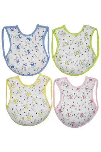 Bebek % 100 Cotton Arkası Muşambalı Su Geçirmez Renkli Mama Önlüğü 4'lü Set 2-3 Yaş - 6