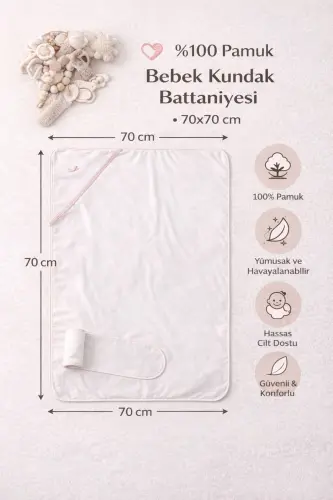 Bebek 100% pamuklu Kemerli kundak 70*70 cm. - Beyaz Pembe - 4