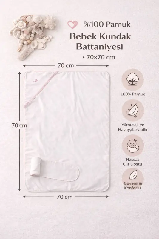 Bebek 100% pamuklu Kemerli kundak 70*70 cm. - Beyaz Pembe - 4