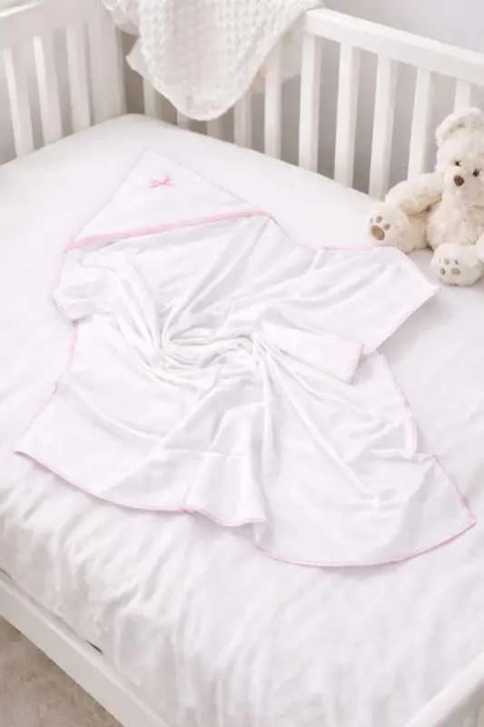 Bebek 100% pamuklu Kemerli kundak 70*70 cm. -Beyaz Pembe - KİDOO BEBE