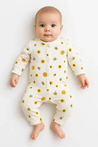 Bebek Arı Baskılı Çıtçıtlı Yenidoğan Bebek Tulumu %100 Pamuk Esnek 1-3-6 Aylık Unısex-BEYAZ ARILI - 1