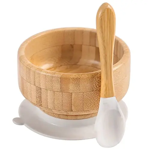 Baby Bamboo Bowls with Suction and Matching Spoon Set - 2PC Feeding Supplies Set for Infant, Toddlers - Detachable Silicone Suction Stay Put Base for Wooden Bowl - BPA Free (Marble) - 1