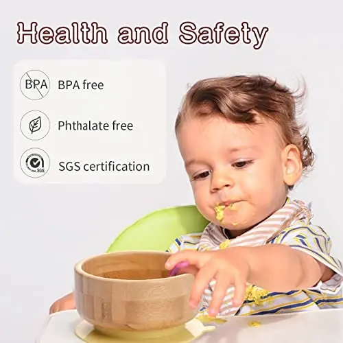 Baby Bamboo Bowls with Suction and Matching Spoon Set - 2PC Feeding Supplies Set for Infant, Toddlers - Detachable Silicone Suction Stay Put Base for Wooden Bowl - BPA Free (Marble) - 2