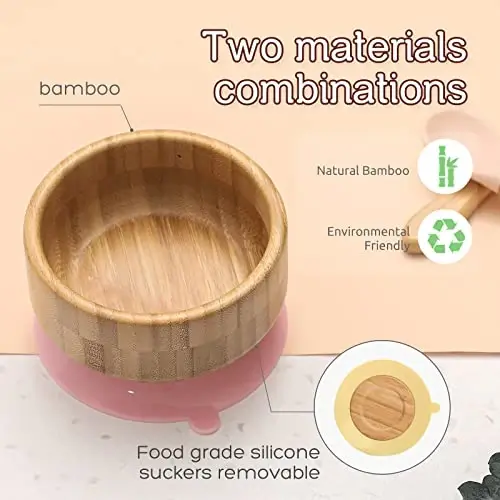 Baby Bamboo Bowls with Suction and Matching Spoon Set - 2PC Feeding Supplies Set for Infant, Toddlers - Detachable Silicone Suction Stay Put Base for Wooden Bowl - BPA Free (Marble) - 3