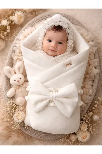 %100 Pamuklu Bebek Battaniyesi Kundak Kız Erkek Unisex Hastane Çıkışı Yenidoğan-EKRU - 1