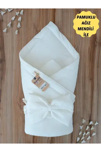 %100 Pamuklu Bebek Battaniyesi Kundak Kız Erkek Unisex Hastane Çıkışı Yenidoğan-EKRU - 3