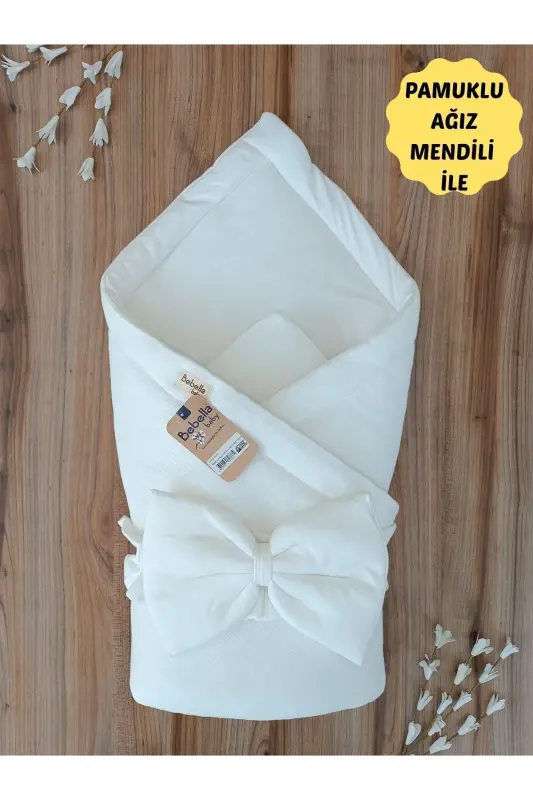 %100 Pamuklu Bebek Battaniyesi Kundak Kız Erkek Unisex Hastane Çıkışı Yenidoğan-EKRU - 3