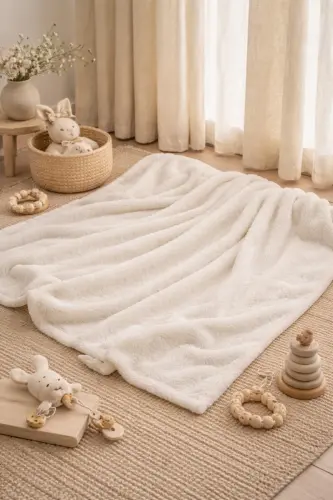 Bebek Battaniyesi 90x100 Yumuşak Dokulu Sade Tasarım-Ekru Krem Düz - DENSHAUS (1)