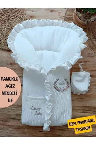 Bebek Battaniyesi Bebek Dış Kundağı Hastane Çıkışı Yenidoğan Özel Tasarım Hediyelik Unisex - EKRU - 1