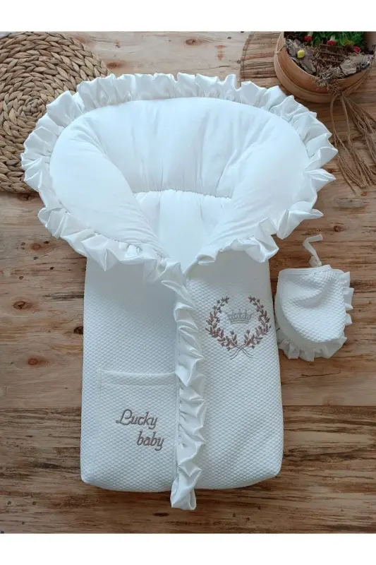 Bebek Battaniyesi Bebek Dış Kundağı Hastane Çıkışı Yenidoğan Özel Tasarım Hediyelik Unisex - EKRU - 4