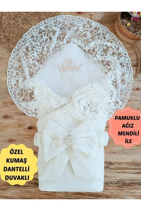 Ekru Dantelli Kız Erkek Bebek Battaniyesi Kundağı Hediyelik Mevlütlük Hastane Çıkışı Yenidoğan-EKRU - 1