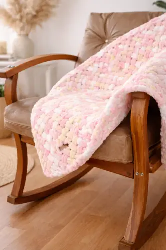 Bebek Battaniyesi, El Örgüsü Puffy Kışlık Battaniye, Tv Battaniye, Kedi, Köpek Battaniyesi, - Krem-Pembe 