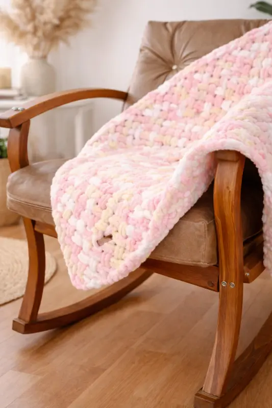 Bebek Battaniyesi, El Örgüsü Puffy Kışlık Battaniye, Tv Battaniye, Kedi, Köpek Battaniyesi, - Krem-Pembe - PHELLOS