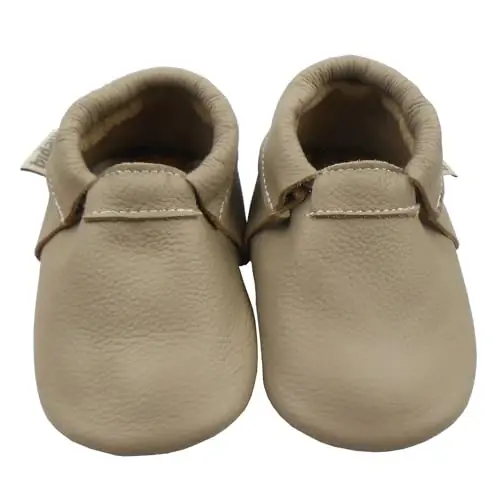 Infant Baby Moccasins with Rubber Sole - Soft Leather Anti Slip Crib Walking Baby Shoes Brown - 2