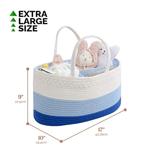 luxury little Diaper Caddy Organizer, Large Cotton Rope Nursery Baby Basket, Changing Table Organizer for Baby Diaper Storage, Portable Car Organizer Removable Divider (Blue, Extra Large) - 3