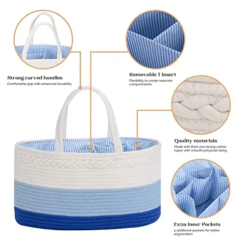 luxury little Diaper Caddy Organizer, Large Cotton Rope Nursery Baby Basket, Changing Table Organizer for Baby Diaper Storage, Portable Car Organizer Removable Divider (Blue, Extra Large) - 5