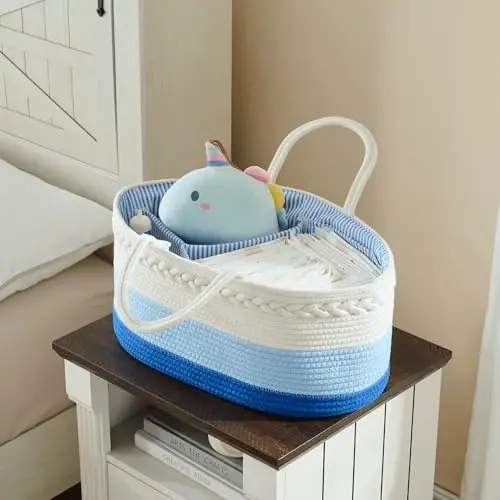 luxury little Diaper Caddy Organizer, Large Cotton Rope Nursery Baby Basket, Changing Table Organizer for Baby Diaper Storage, Portable Car Organizer Removable Divider (Blue, Extra Large) - 6