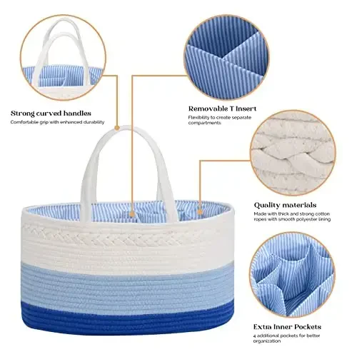Baby Diaper Caddy Organizer, Extra Large Cotton Rope Nursery Diaper Basket, Changing Table Organizer, Portable Tote Bag with Divider, Car Storage, Baby Shower Gifts for Newborn Boys - Blue - 5