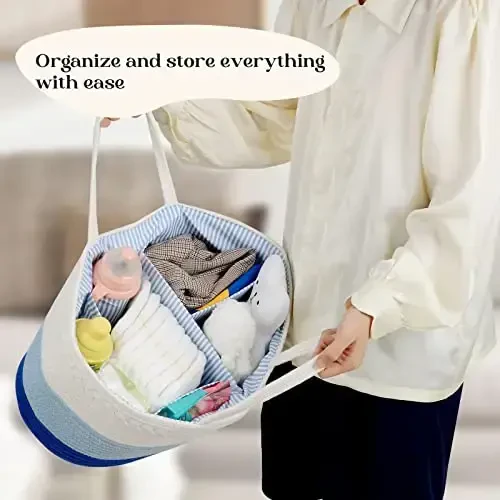 Baby Diaper Caddy Organizer, Extra Large Cotton Rope Nursery Diaper Basket, Changing Table Organizer, Portable Tote Bag with Divider, Car Storage, Baby Shower Gifts for Newborn Boys - Blue - 7