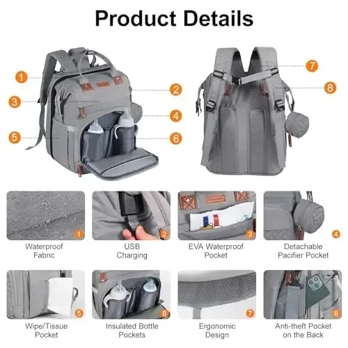Baby Diaper Bag, Backpack with Changing Table, Unisex Baby Bag, with Diaper Pad, USB Charging Port, Insulated Pacifier Case, Multifunctional Waterproof Travel Diaper Bag, Gift for Newborn Baby (Grey) - 1