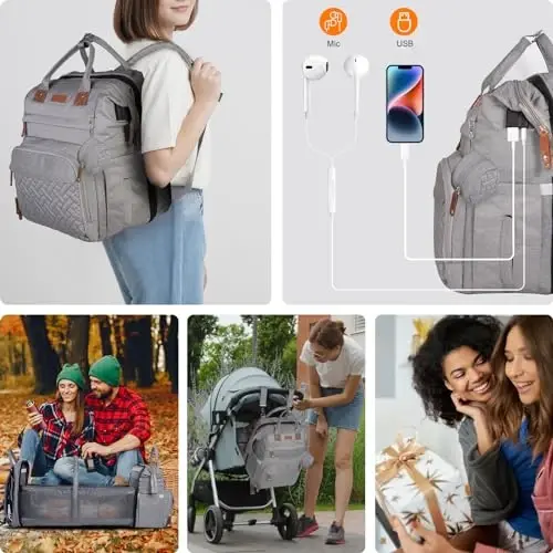 Bebek Bezi Çantası, Bebek Bezi Değiştirme Masası İçeren Sırt Çantası, Unisex Bebek Çantası, Bebek Bezi Pedi, USB Şarj Limanı, Isı Yalıtımlı Emzik Çantası, Çok Fonksiyonlu Su Geçirmez Seyahat Bezi Çantası, Yeni Doğan Bebek İçin Hediye (Gri) - 4