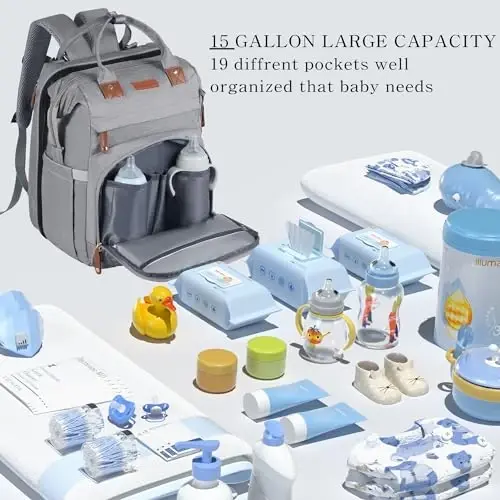 Bebek Bezi Çantası, Bebek Bezi Değiştirme Masası İçeren Sırt Çantası, Unisex Bebek Çantası, Bebek Bezi Pedi, USB Şarj Limanı, Isı Yalıtımlı Emzik Çantası, Çok Fonksiyonlu Su Geçirmez Seyahat Bezi Çantası, Yeni Doğan Bebek İçin Hediye (Gri) - 6