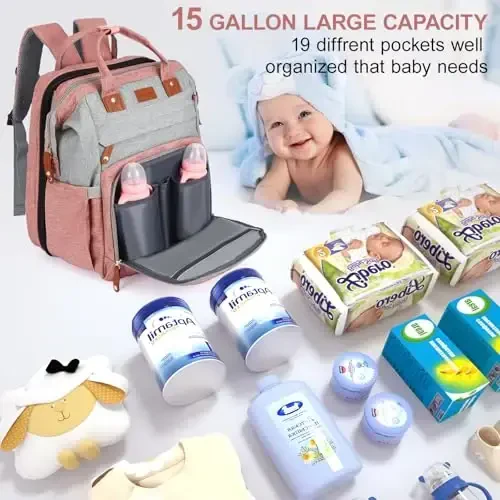 Diaper Bag Backpack, Baby Diaper Bag, Multifunctional Large Capacity, with Diaper Changing Station, Travel Diaper Bag Backpack (Pinkish Gray) - DIAPER (1)