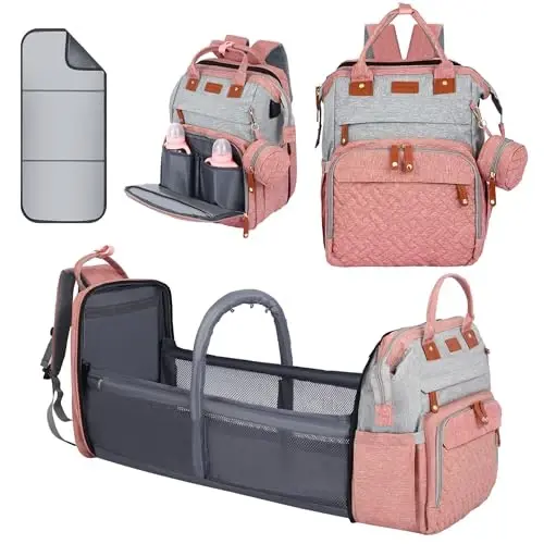 Diaper Bag Backpack, Baby Diaper Bag, Multifunctional Large Capacity, with Diaper Changing Station, Travel Diaper Bag Backpack (Pinkish Gray) - 1