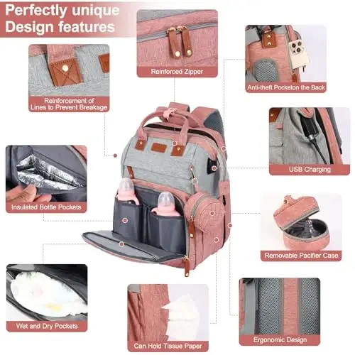 Diaper Bag Backpack, Baby Diaper Bag, Multifunctional Large Capacity, with Diaper Changing Station, Travel Diaper Bag Backpack (Pinkish Gray) - 3
