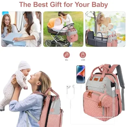 Diaper Bag Backpack, Baby Diaper Bag, Multifunctional Large Capacity, with Diaper Changing Station, Travel Diaper Bag Backpack (Pinkish Gray) - 6