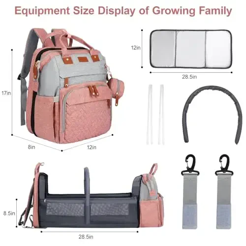 Diaper Bag Backpack, Baby Diaper Bag, Multifunctional Large Capacity, with Diaper Changing Station, Travel Diaper Bag Backpack (Pinkish Gray) - 4