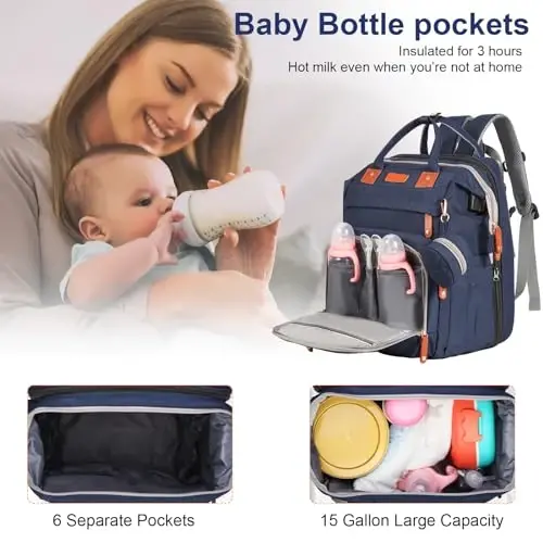 Baby Diaper Bag Backpack, with Diaper Changing Station, Multi-functional Travel Diaper Waterproof Backpack, for Baby Boys and Girls, Folding Portable Nappy Changing Mat and Sun Canopy(Large Blue) - 2