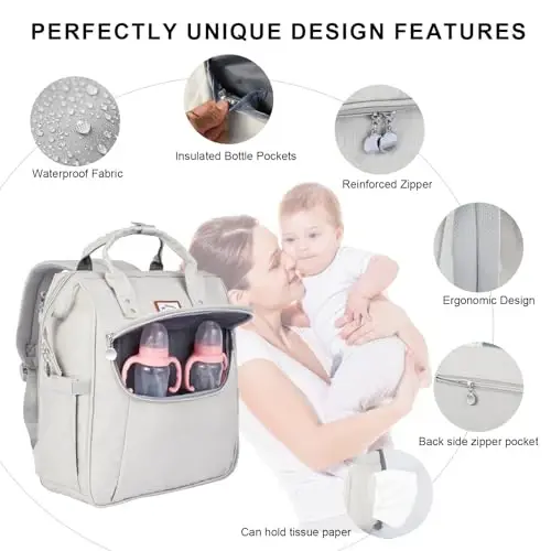 OMBRAT Diaper Bag Backpack, with Diaper Changing Table Backpack, Foldable Diaper Pad, Lightweight Large Capacity, Essential Diaper Bag for Daily Travel (Light Gray) - 4