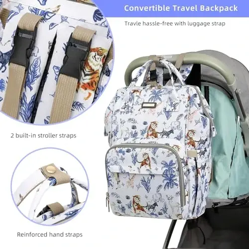 Diaper Bag Backpack, Diaper Bags for Baby Girls Boys, Baby Bags for Moms Dads, Nappy Changing Bag with Insulated Pockets,Multi-functional Waterproof Backpack with Stroller straps-Animal World White - 3