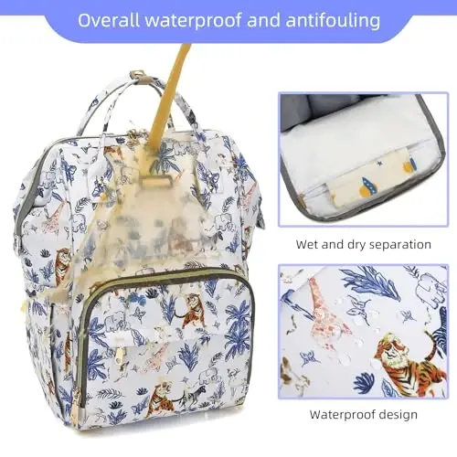 Diaper Bag Backpack, Diaper Bags for Baby Girls Boys, Baby Bags for Moms Dads, Nappy Changing Bag with Insulated Pockets,Multi-functional Waterproof Backpack with Stroller straps-Animal World White - 5