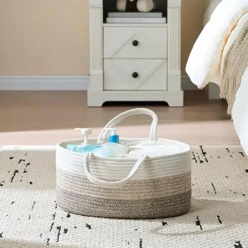 luxury little Diaper Caddy Organizer, Large Cotton Rope Nursery Baby Basket, Changing Table Organizer for Baby Diaper Storage, Portable Car Organizer Removable Divider (Gradient Brown, Large) - 3