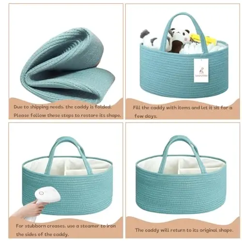 Baby Diaper Caddy Organizer, Extra Large Cotton Rope Nursery Diaper Basket, Changing Table Organizer, Portable Tote Bag with Divider, Car Storage, Baby Shower Gifts for Newborn Girls - Lake Blue - 5