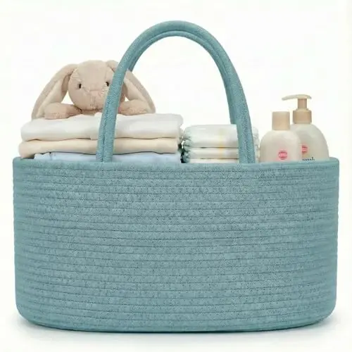 Baby Diaper Caddy Organizer, Extra Large Cotton Rope Nursery Diaper Basket, Changing Table Organizer, Portable Tote Bag with Divider, Car Storage, Baby Shower Gifts for Newborn Girls - Lake Blue 