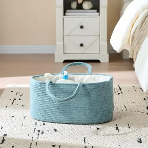 luxury little Diaper Caddy Organizer, Large Cotton Rope Nursery Baby Basket, Changing Table Organizer for Baby Diaper Storage, Portable Car Organizer Removable Divider (Lake Blue, Extra Large) - 6