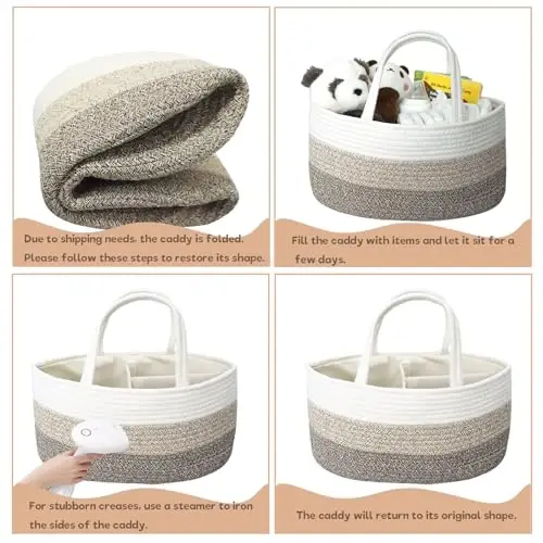 Baby Diaper Caddy Organizer, Extra Large Cotton Rope Nursery Diaper Basket, Changing Table Organizer, Portable Tote Bag with Divider, Car Storage, Baby Shower Gifts for Newborn Girls - Gradient Brown - 6