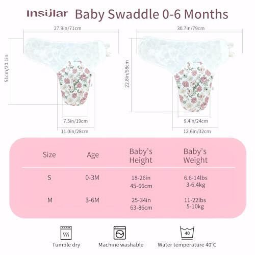 insular Baby Swaddle Wrap, Swaddle Blanket for Newborn and Infant, Adjustable Velcro Swaddling Set for Boy and Girl, Soft Cotton Baby Sleep Sack 3 Pack, Floral, Medium(3-6M) - 4