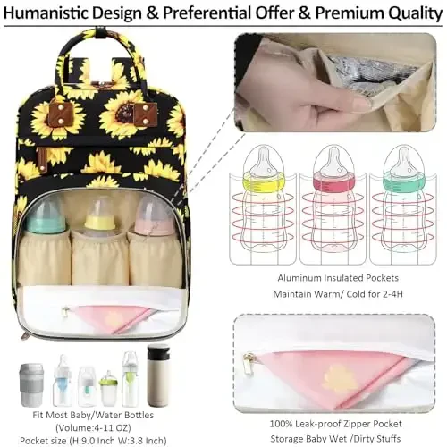 Diaper Backpack Tote Large Capacity, Baby Bag with Insulated Pockets Multifunctional Diaper Bags For Baby Girl Boy Women Waterproof Bags Mama Maternity Bag Sunflower - 2