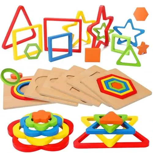 AugToy Toddler Puzzles Montessori Toy Wooden Shape Sorting Puzzle Sensory Toy Toddler Activities Preschool Learning Educational Autistic Developmental 1 2 3 Year Old Girl Boy 1-3 Dementia Game Gift - 1