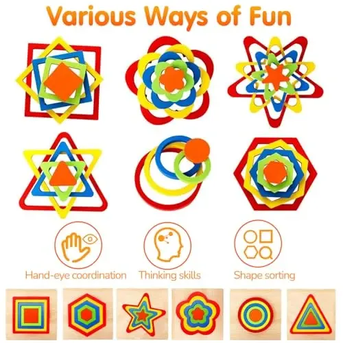 AugToy Toddler Puzzles Montessori Toy Wooden Shape Sorting Puzzle Sensory Toy Toddler Activities Preschool Learning Educational Autistic Developmental 1 2 3 Year Old Girl Boy 1-3 Dementia Game Gift - 3