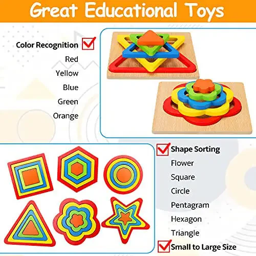 Toddler Puzzles Montessori Toy Wooden Shape Sorting Puzzle Sensory Toy Toddler Activities Preschool Learning Educational Autistic Developmental 1 2 3 Year Old Girl Boy 1-3 Dementia Game Easter Gift - 10