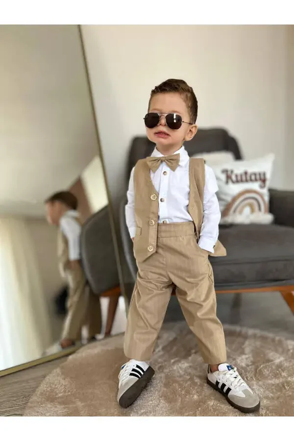 Bebek Çocuk Çizgili Yelekli Takım 4 lü Settir Gömlek Pantalon Yelek Papyon - 5