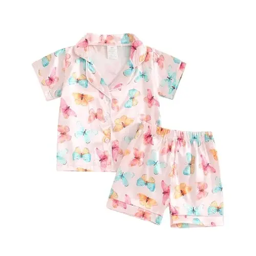 Toddler Baby Kids Satin Summer Pajamas Set Short Sleeve Button-Down Pajamas Top Pants 2Pcs Loungwear Sleepwear Pjs - 1
