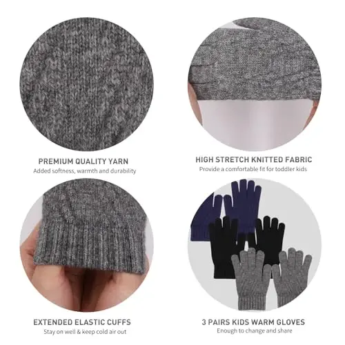 PKWEEN Winter Gloves for Toddler Kids - 3 Pairs Boys Girls Soft Warm Wool Lined Gloves Full Finger Children Knit Gloves - 3